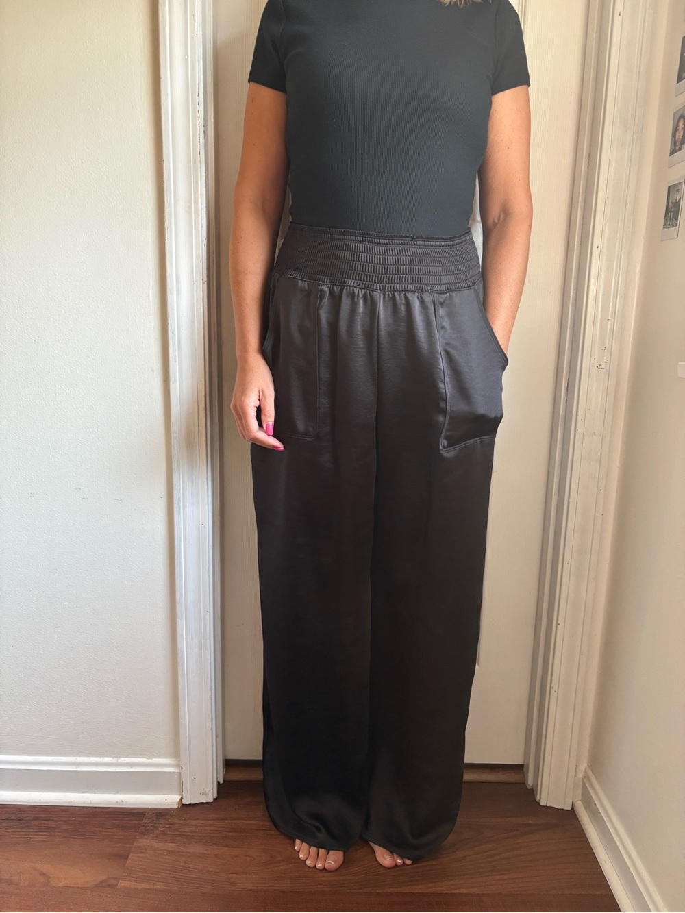 Vera Wang Black Wide-Leg Satin Pants
